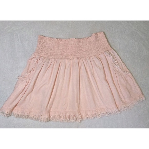 Ramy Brook Pink Fringe‎ Smocked Waist Mini Skirt Size Large Pockets Ruffle CUTE - Picture 3 of 9